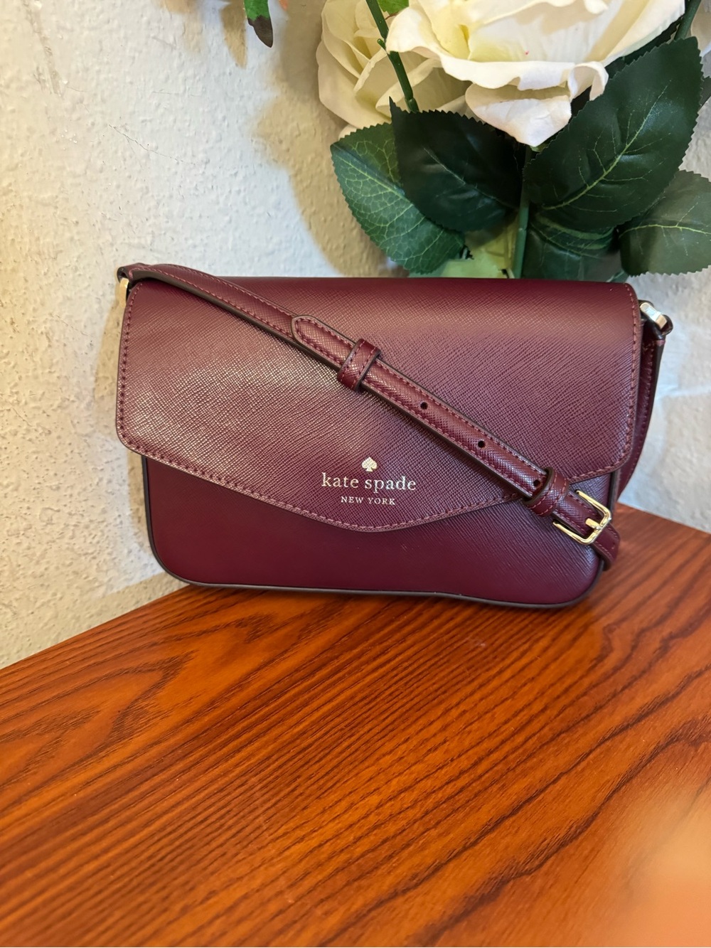 kate spade Wine Saffiano Leather Crossbody with Gold Hardware